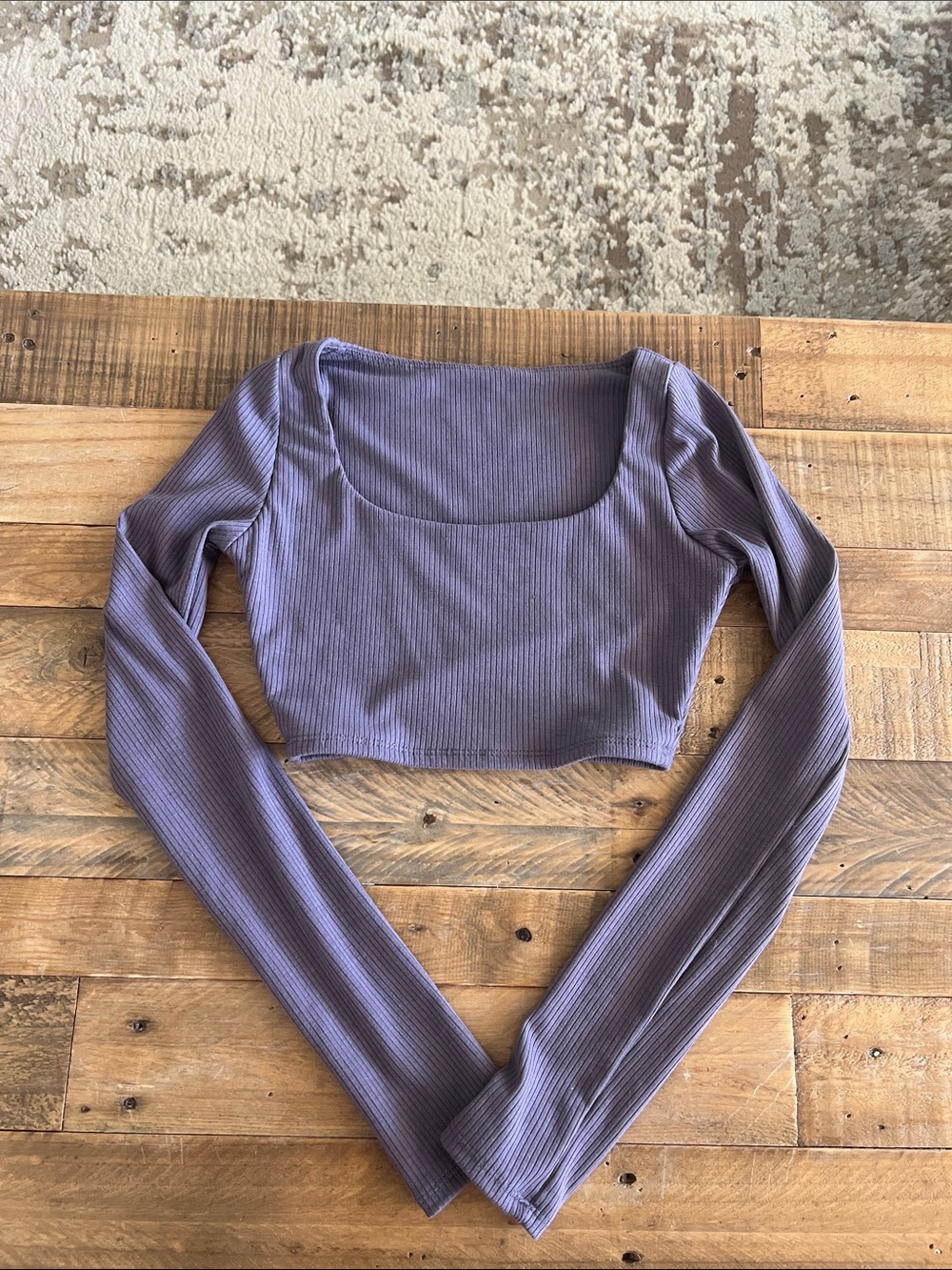 Tiger Friday Ribbed Long Sleeve Scoop Neck Crop Top - Purple size adult small.